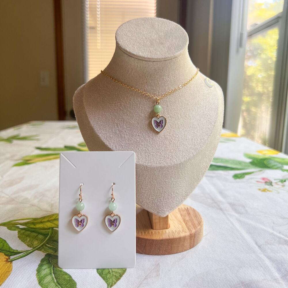 Kawaii Butterfly Heart Jewelry Set, Mint Colored Jewelry, Cute Fun Bug Jewelry